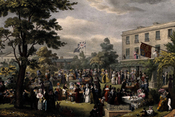 Garden of John Penn, St James's Park: A charity fair for Charing Cross Hospital, 1830, by G. Scharf. Copyright Wellcome Library, London.