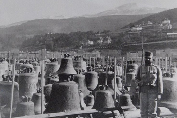Church bells waiting to be melted down for the war effort during World War I.